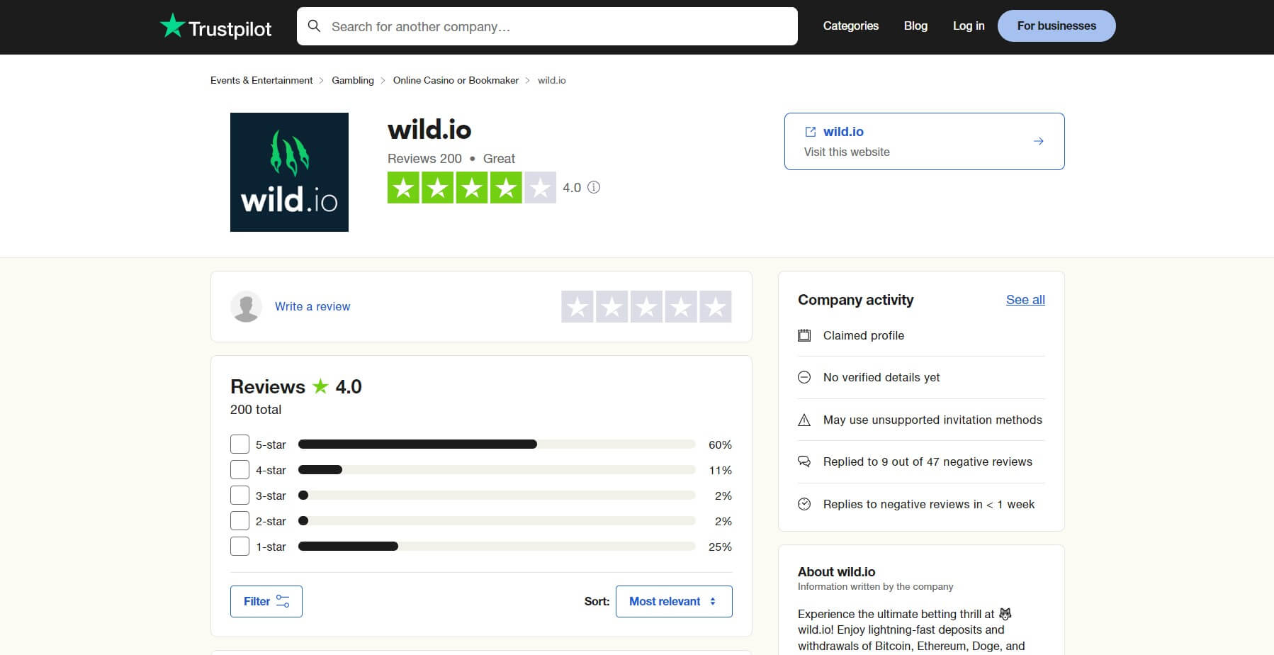 Wild.io Trustpilot Review